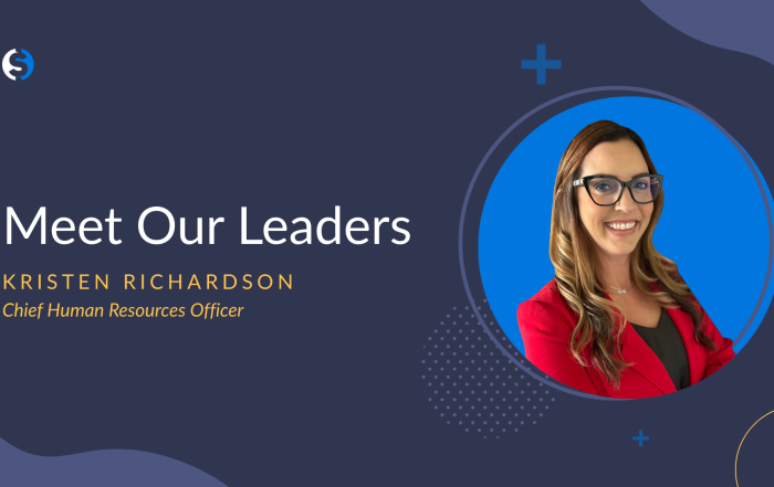 Text says Meet Our Leaders: Kristen Richardson, Chief Human Resources Officer on a blue background next to a picture of Kristen Richardson.